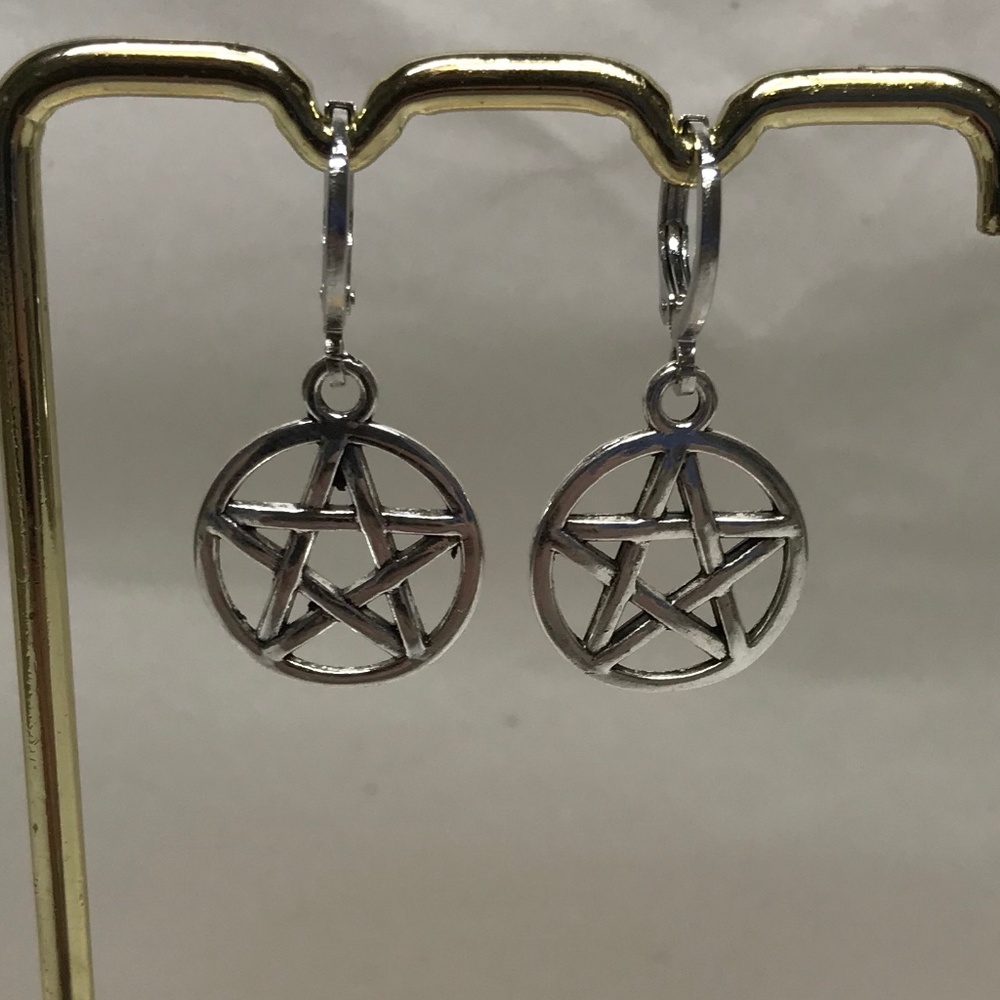 Gothic Pagan Silver Pentagram Pentacle Handmade Hoop Earrings, Encircled Stars - Picture 6 of 12